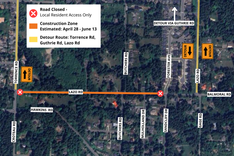 map of lazo road closure from sandcliff drive to torrence road april 28 - June 13