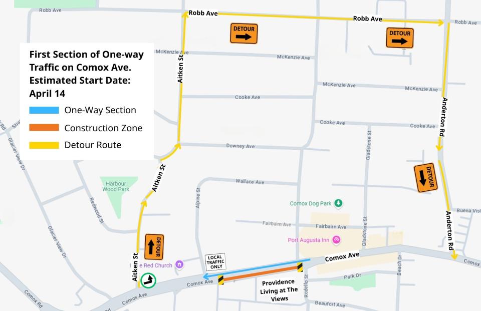 detour for one way traffic on Comox Ave starting April 14