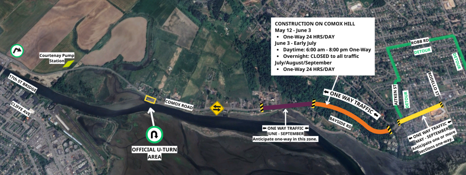 map of comox road one-way traffic on comox hill may to septemeber