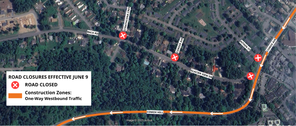 map of strathcona cres and corker ave closure at back road